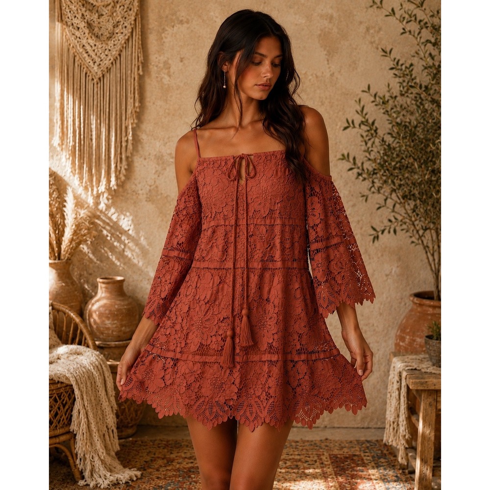 Boho Lace Cold Shoulder Tunic Dress Cottagecore Festival Prairie Romantic Sz M